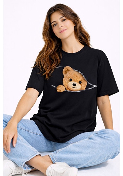 Fermuarlı Ayıcık Baskılı Kadın Tişört Oversize Sevimli Teddy Bear Siyah