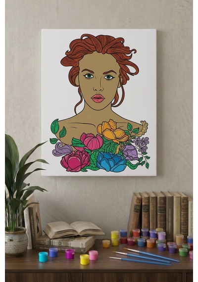 Çiçekli Kadın Portresi Mandala Ahşap Boyama Seti 40x50 Cm