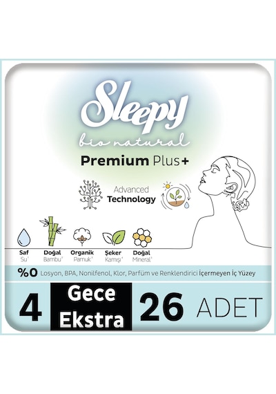Sleepy Bio Natural Premium Plus Hijyenik Ped Mega Paket Gece Extra 26x5 130 Adet
