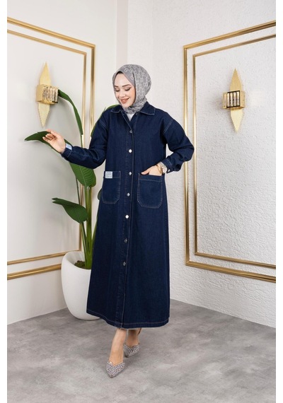 Harman Butik Kadın Düğmeli Uzun Kot Kap Lacivert Lacivert