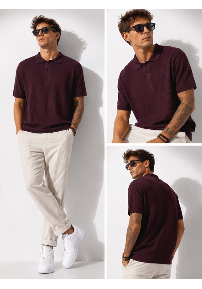 Ribana Erkek Kısa Kollu Fitilli Yarım Düğme Kapama Polo Yaka T-shirt 26001 Mürdüm