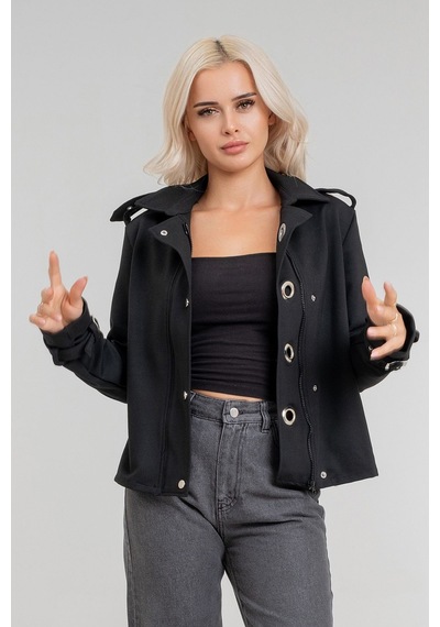Bold & Young Kadın Viskon Polyester Likralı Kumaş Kol Ucu Toka Bantlı Kuş Gözü Aksesuarlı Çıt Çıtlı Cepli Ceket Siyah