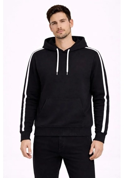 Vexor Erkek Şeritli Kapüşonlu Sweatshirt Oversize 3 Iplik Pamuklu - Siyah