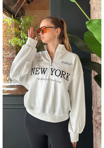 Madmext Ekru Yarım Fermuarlı Baskılı Sweatshirt Mg2240 Ekru