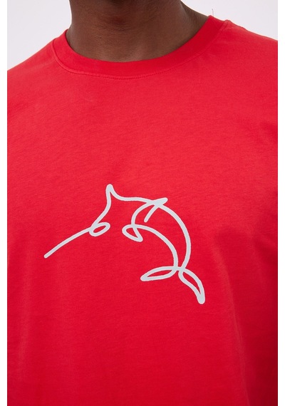Marıne Tee Deniz Temalı Ribana Bisiklet Yaka Pamuk T-shirt-3121 Mercan