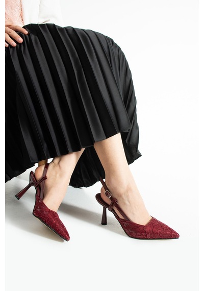 Lebibe Shoes Lısa Kadın Bordo Sivri Burun 7 Cm Topuklu Çiçek Dantel Desenli Rugan Slingback Ayakkabı