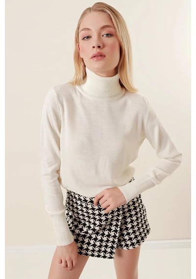 Onno Style Women Düz Balıkcı Yaka Basic Kazak Kemik