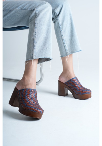 Analin Shoes Kadın Hakiki Deri Platform Topuklu Örgülü Terlik Mavi