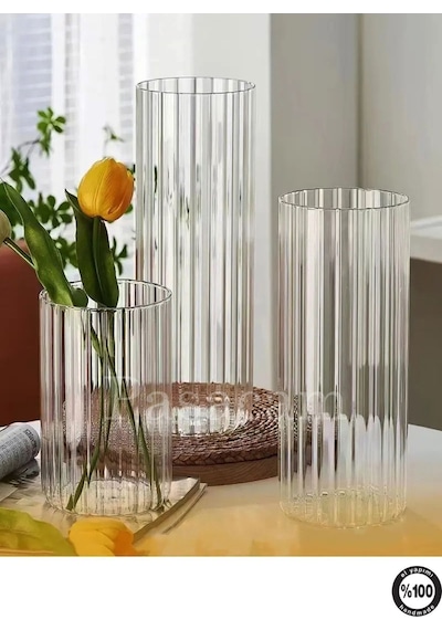 Optik Desenli Cam Vazo 3lü Set 10çap 10-15-20 Cm Yükseklik Beyaz