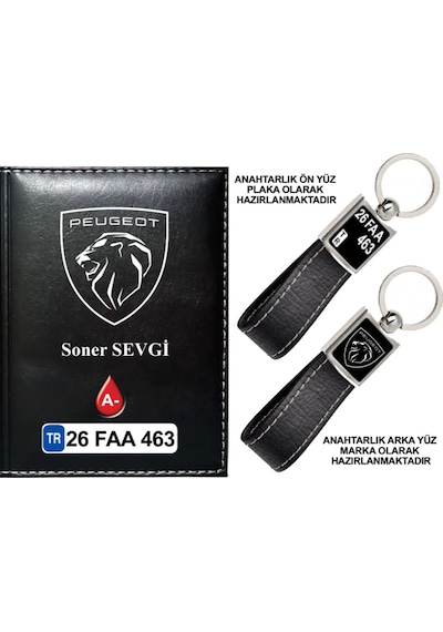 Plakanıza Özel Yeni Peugeot Logolu Siyah Ruhsat Kabı Ve Anahtarlık