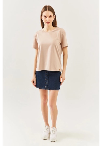 Kadın Rahat %100 Pamuklu Penye Bisiklet Yaka Kısa Kol Basic T-shirt Sütlü Kahve