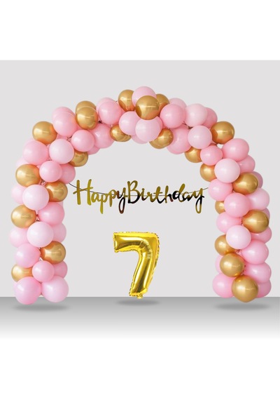 7 Yaş Retro Gold Pembe Balon Happy Birthday Banner Gold Rakam Doğum Günü Süsleme Çok Renkli
