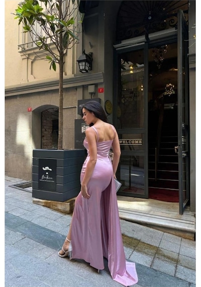 Mmb-trade Saten Kumaş Abiye Yaka Kalp Elbise Yırtmaçlı Maxi Renk: Mor Beden: L Mmbz