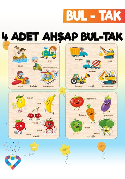 Eğitici 4 Adet Bul-tak Oyuncak Taşıtlar, Meyveler, Sebzeler Ve İş Makineleri