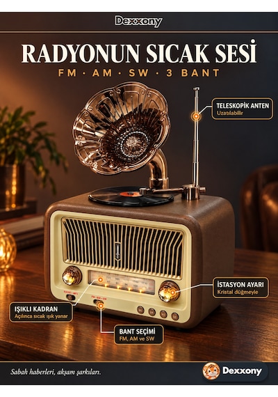 Dexxony Dx-2528 Kahverengi Nostaljik Radyo Retro Gramofon Büyük Boy Şarjlı Bluetooth Hoparlör Fm Usb