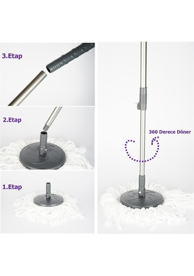 Mikrofiber Püsküllü Dönerli Temizlik Seti, Akıllı Mop Sapı