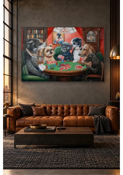 Fida Kütüphanede Poker Oynayan Köpekler Canvas Tablo Çok Renkli