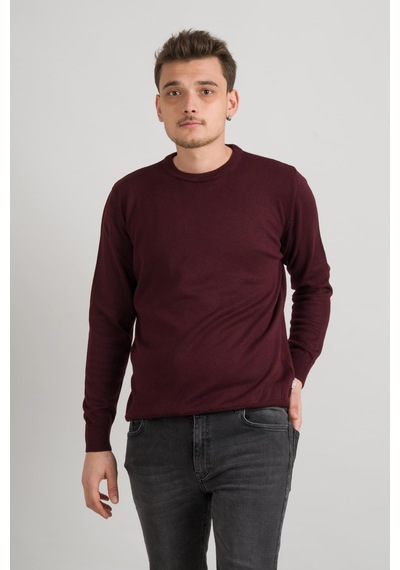 Sıfır Yaka Pamuklu Slimfit Basic Erkek Triko Kazak Bordo