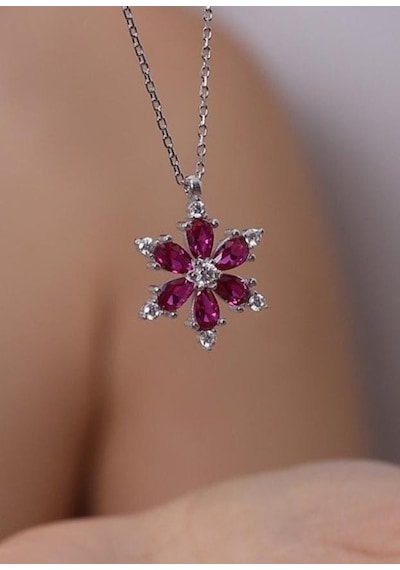 Zanaatsilver 925 Ayar Gümüş Zincirli Rubi Taşlı Kamelya Çiçegi Kolye