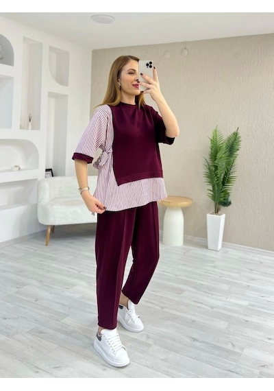 Defymoda Kadın Kristal 2 Iplik Kumaş Yanları Çizgili Takım Bordo
