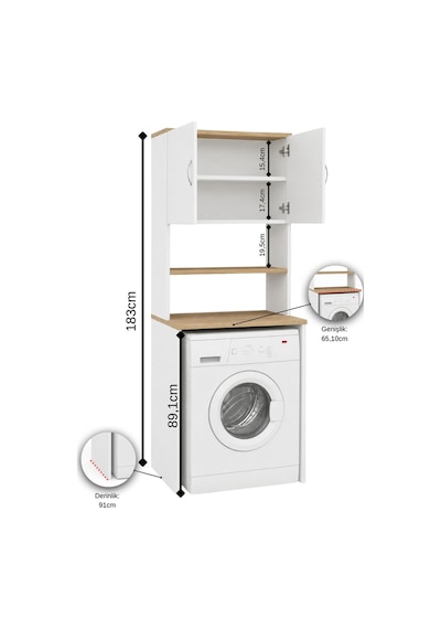AE-2042 Solo Çamaşır Makinesi Dolabı, Banyo Dolabı, 4 Raflı, Kapaklı, Beyaz Dolap Beyaz