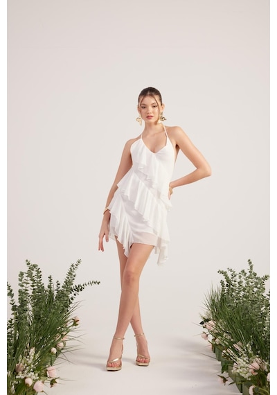Holly Lolly Fırfır Detaylı Şifon Kumaş Mini Ulya Elbise Beyaz