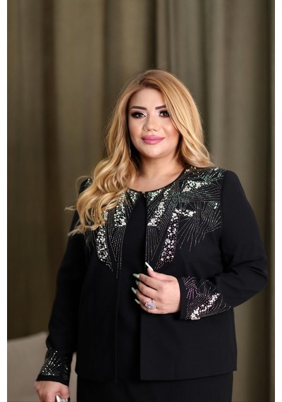 Lady Sharm Krep Kumaş Üzeri Kristal Taş Detaylı Büyük Beden Elbise Siyah