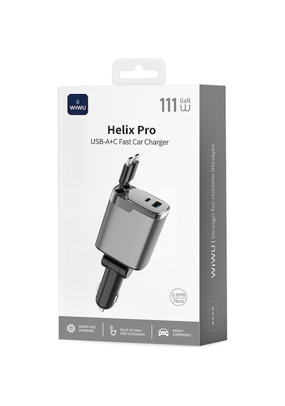 Wiwu Wi-cc034 Type-c + Usb-a Hızlı Şarj Özellikli Gan Teknolojili Kablolu Araç Şarj Aleti 111w Gri