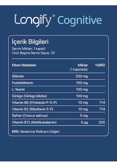 Longify Cognitive Sitikolin, Fosfatidilserin, Safran, Ginkgo Biloba, L-teanin, B2, B6 Ve B12 Takviye Edici Gıda 30 Kapsül