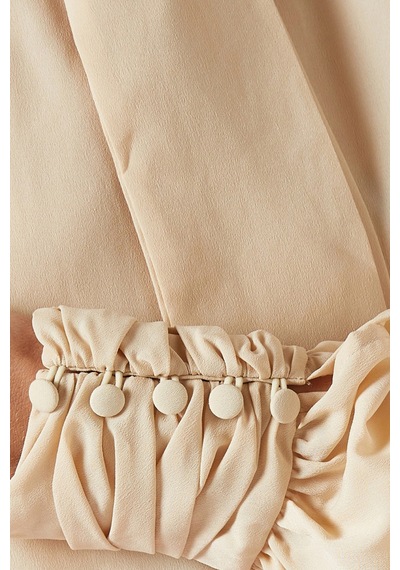 Rowen Rose Oversized Bow - Neck Blouse, Lüks Georgette Yüksek Yakalı Şık Balon Kollu Bluz Bej