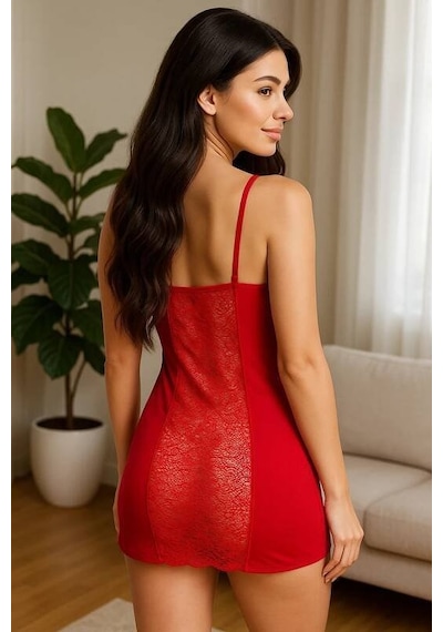 Nimselove Kadın Kırmızı Dantelli Sırt Tasarımlı İnce Askılı Mini Gecelik