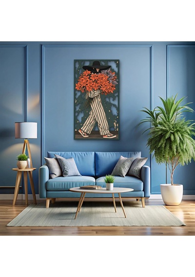Çiçek Kucaklayan Şapkalı Kadın - Metal Tablo - Dec0388 71 X 125 Cm Çok Renkli