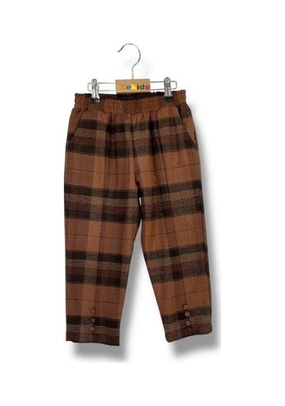 Zekids Kız Çocuk Bel Lastikli Ekose Paça Düğmeli Pantolon-16206 Kahverengi