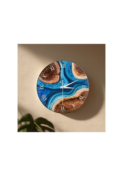 Epoxy Görünümlü Dekoratif Duvar Saati 33 Cm Uv Baskılı Mdf Duvar Saati Mavi