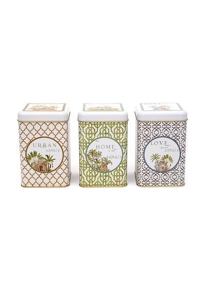 Forrest Desenli Kare Metal Saklama Kabı 3 Lü Set, 10.5 X 10.5 X 16 Cm Çok Renkli