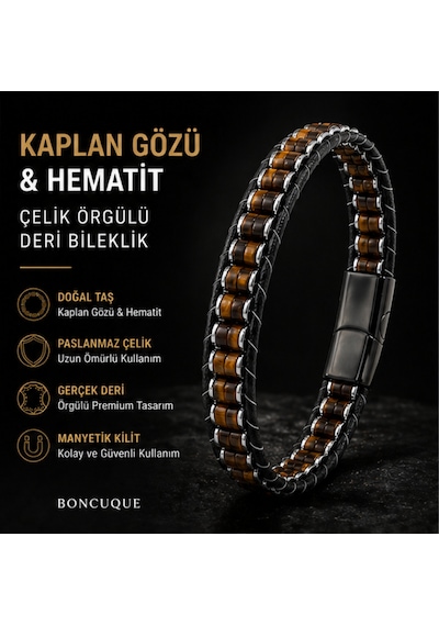 Premium Kaplan Gözü & Hematit Erkek Bileklik Çelik Kilitli Şık Deri Örgü Tasarım Kahverengi