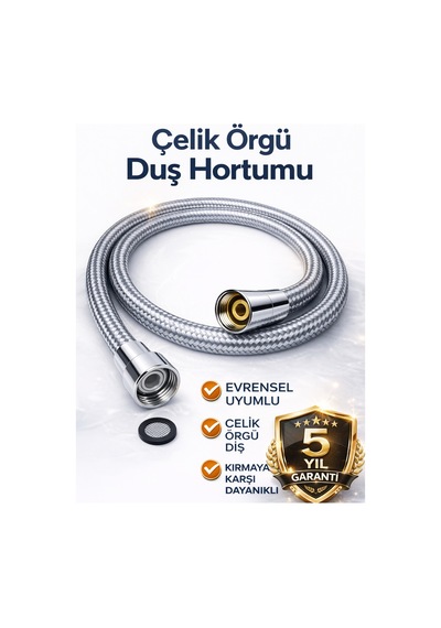 150 Cm Çelik Örgülü Duş Hortumu 1/2 Bağlantı 360 Kırılmaz Paslanmaz Gri