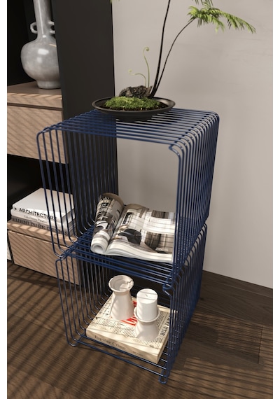 Miami Minimalist Metal Tel Yan Sehpa Modern Küp Yan Sehpa & Modüler Kitaplık Lacivert