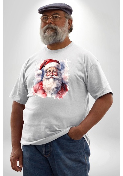 Angemiel Mutlu Noel Baba Yeni Yıl Tasarımı Beyaz Büyük Beden Kadın Erkek Ünisex Basic Ön Baskılı Tişört Beyaz