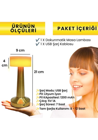 Upway Ayarlanabilir Led Işıklı Dokunmatik Şarjlı Dekoratif Modern Masa Lambası Altın