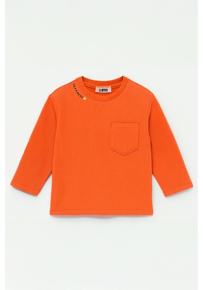 Luess Unisex Çocuk Happiness Nakışlı Cepli Fitilli Kaşkorse Tişört Turuncu