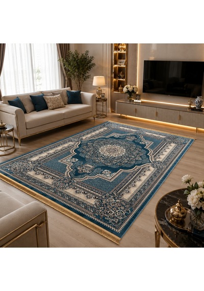 810-semerkant Salon Oturma Odası Halısı Mavi