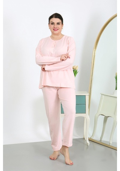 Akbeniz Kadın Büyük Beden Uzun Kol Penye Pijama Takımı Pembe 202501 Pembe