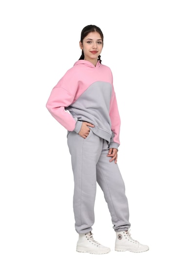 Erdem Kıds Kız Çocuk Paçası Lastikli, Garnili Oversize 3 İplik Şardonlu İçi Pamuklu Eşofman Takımı Gri-pembe Gri-pembe