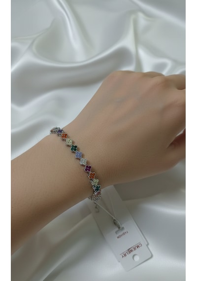 Renkli Taşlı Silver Renk Çelik Çiçekli Atarlanabilir Bileklik - Özel Seri Silver