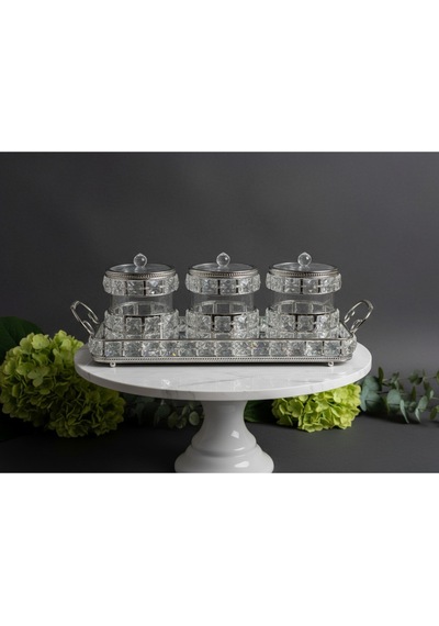 Çnr Home Collection Gümüş Lüx Taşli Tepsili 3 'lü Baharatlik - Şekerlik - Sunumluk Gümüş