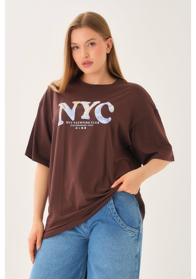 Alexandergardi Geniş Kalıp Bisiklet Yaka Baskılı Kısa Kollu T-shirt Kahverengi