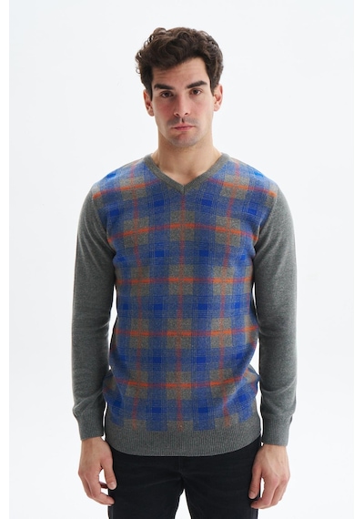 AR-MA Arma Erkek Slim Fit Likralı Akrilik Kumaş V Yaka Kareli Kazak K0kro0860 Gri-g9 Gri