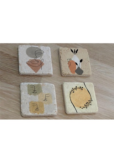 Line Art Obje Bitki Surat Doğal Taş Bardak Altlığı 4'lü Set - Natural Stone Coasters - Taş Çok Renkli