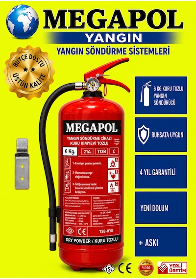 6 Kg Tozlu Yangın Tüpü, Yangın Söndürme Cihazı, Yangın Söndürme, Yangın Söndürüc. Yangın Tüpü.